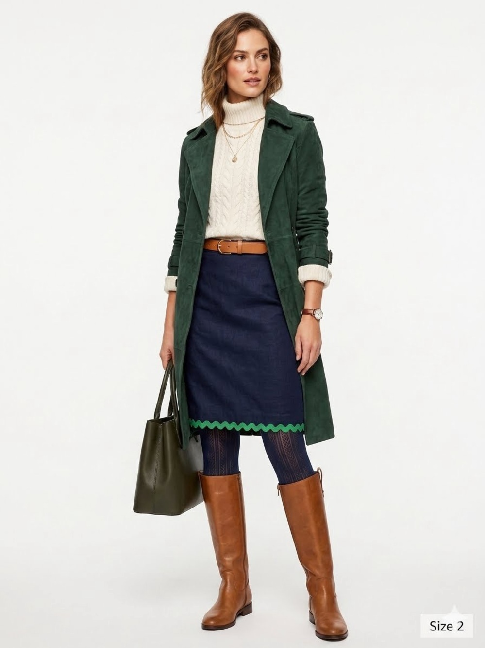 J.Crew Navy Blue Linen Pencil Skirt with Green Ric Rac Trim